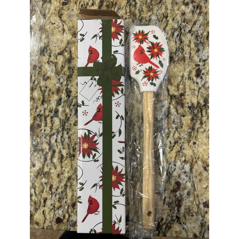 Temptations Christmas Poinsettias & Cardinal  Silicone Spatula Wooden Handle NIB